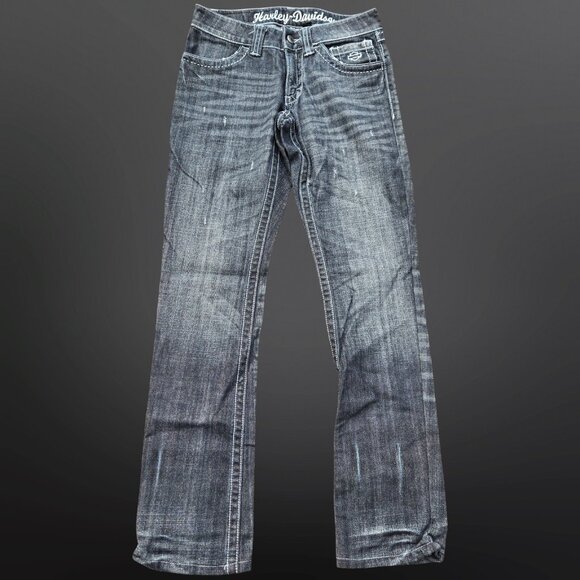 Y2K Harley Davidson Straight Leg Jeans Size 0 Black Embroidered Pockets Low Rise - Picture 8 of 13